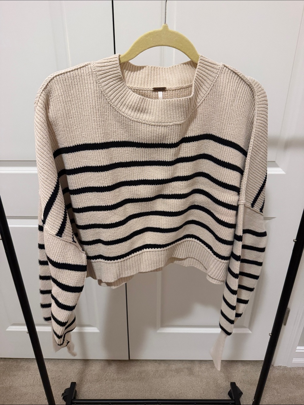 Free People Cream and Black Striped Cropped Crewneck Sweater